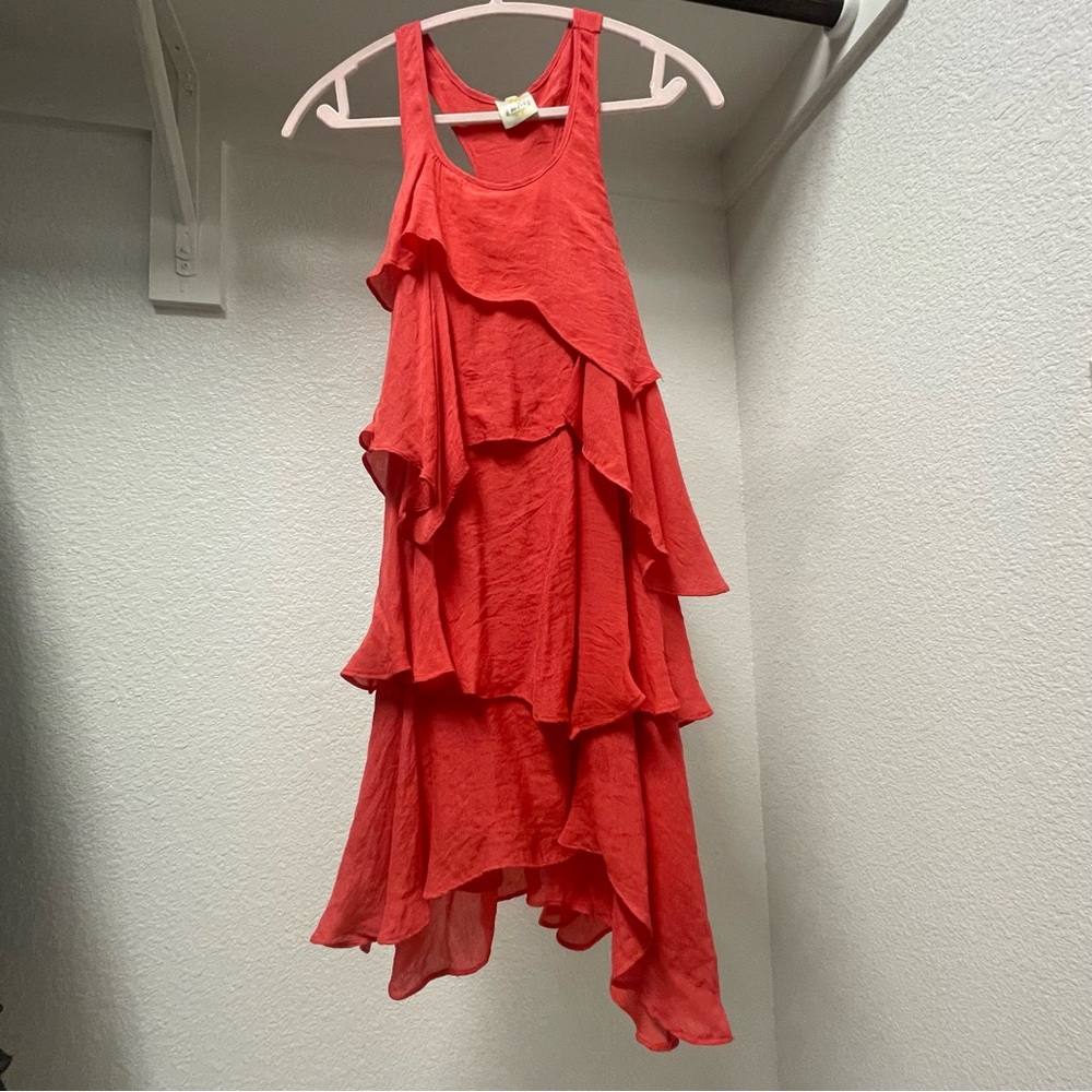 Coral summer dress with flowing tiers, size S